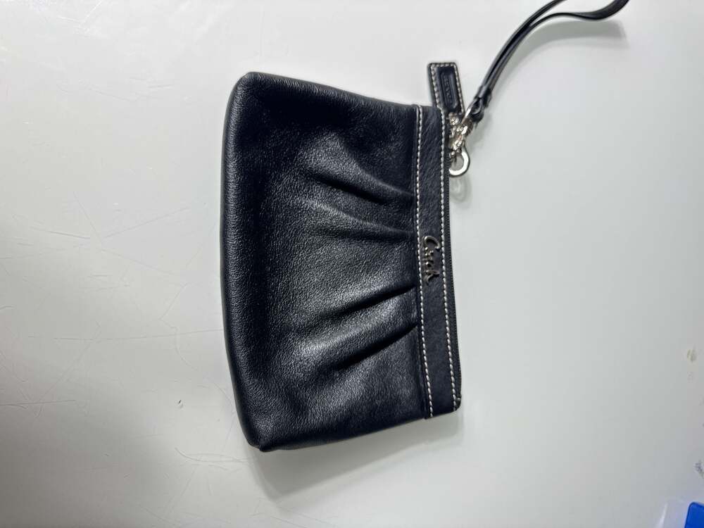 Coach Black Pleated Leather Wristlet with Silver Script Logo